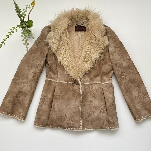 Guess Genuine Suede Penny Lane Shaggy Afghan Coat SZ Sm - Picture 3 of 11